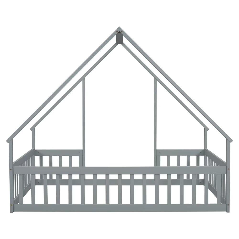 Full Size Floor Bed for Kids Toddlers, Wooden Montessori Bed Frame with Roof and Fence Guardrails, Playhouse Bed Tent Bed for Boys Girls Bedroom, Easy Assembly, Grey