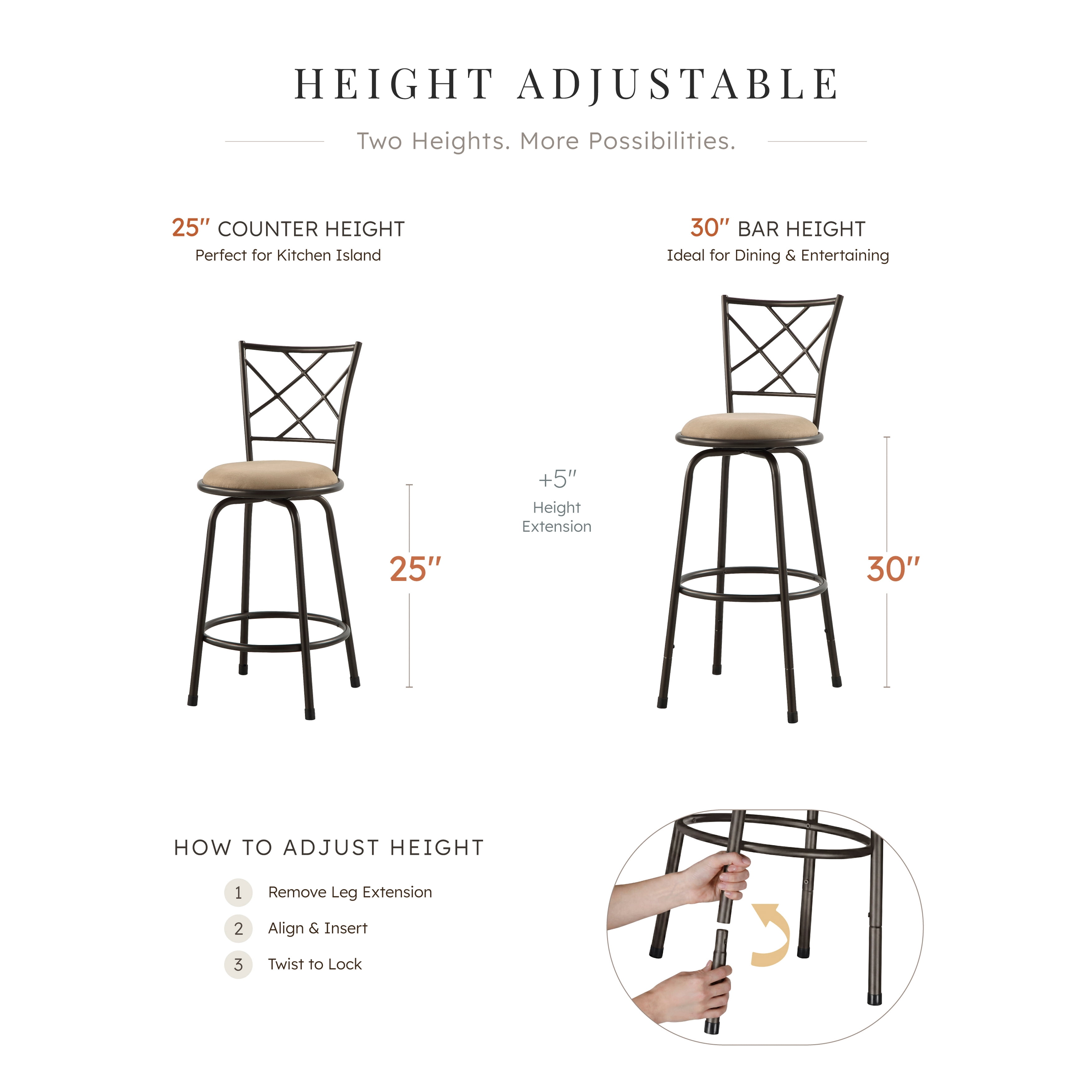 Set of 3 Convertible Chairs Swivel Counter Height, Pub Height Bar Stools Plush Rotating Seats Iron Frame Dark Brown Traditional Dining Furniture