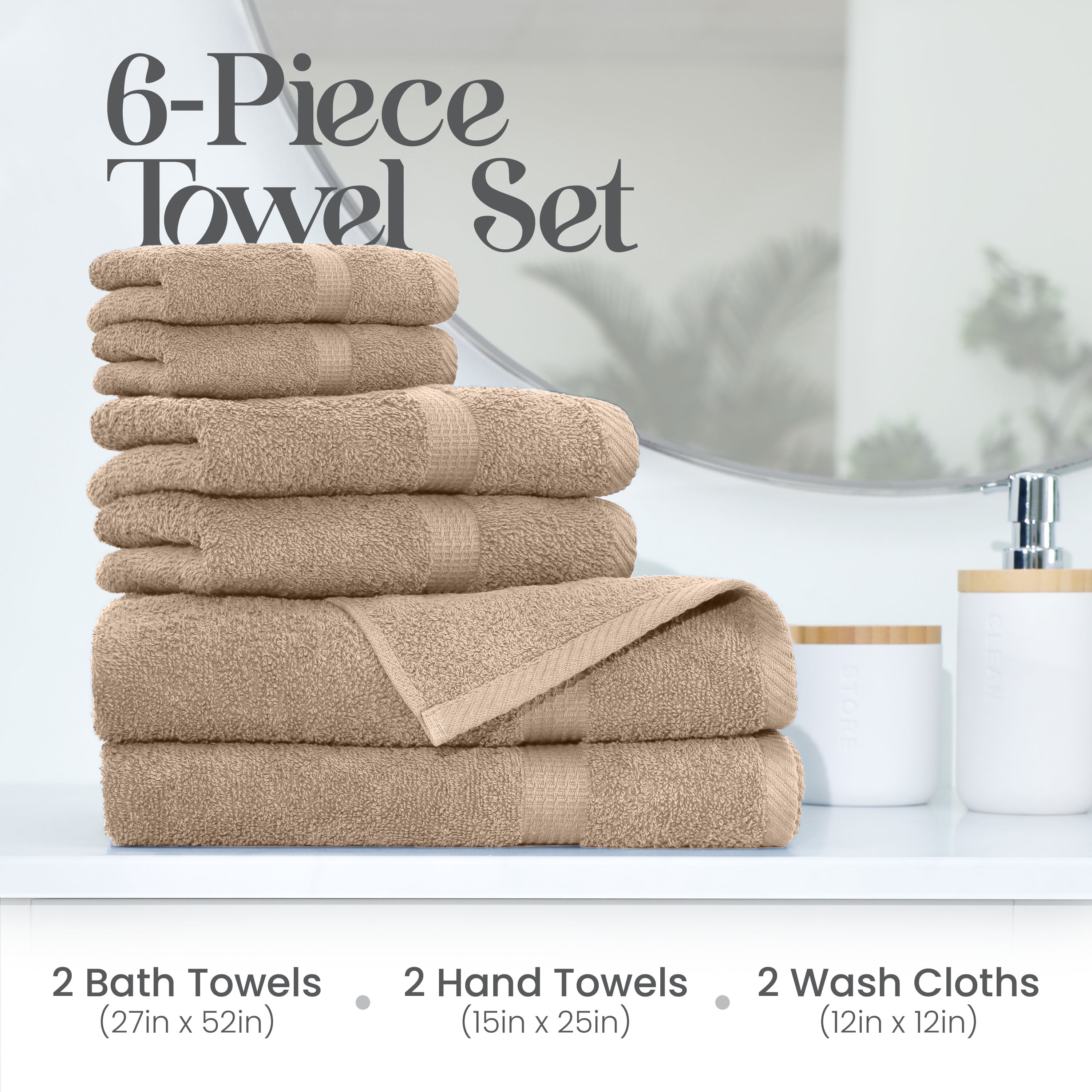 Utica 6-Piece Towel Set | 100% Cotton Soft & Absorbent Everyday Towels | Beige