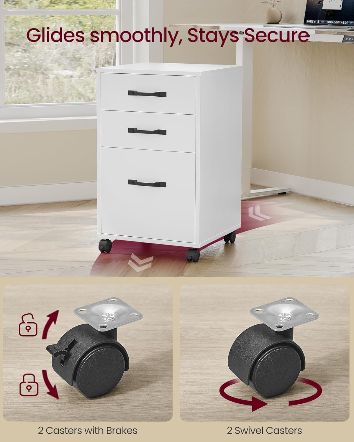 File Cabinet, 3 Drawers Filing Cabinet for Home Office, with Wheels, for A4, Letter Sized Documents, Hanging File Folders