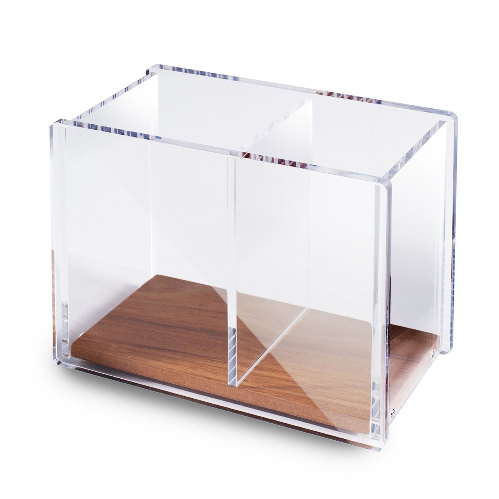 Acrylic Pen Holder, Large Capacity 2 Compartments with Wood Base, Pencil Cup Desk & Makeup Brush Organizer (4.9' x 4' x 2.9')