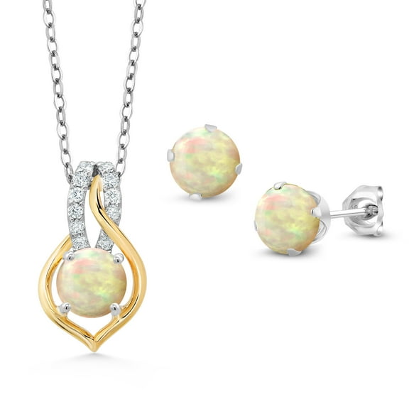 Gem Stone King 2-Tone 925 Silver and 10K Yellow Gold White Ethiopian Opal and White Lab Grown Diamond Pendant and Earrings Jewelry Set for Women (1.79 Cttw, with 18 inch Silver Chain)
