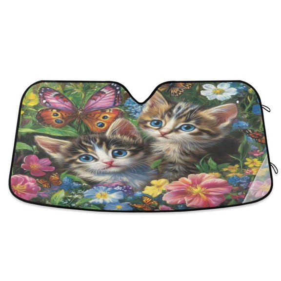 Qxltty Kitten Flower Picture Car Windshield Sunshades Foldable UV Rays Sun Visor Protector Keep Your Vehicle Cool 53×23.5in