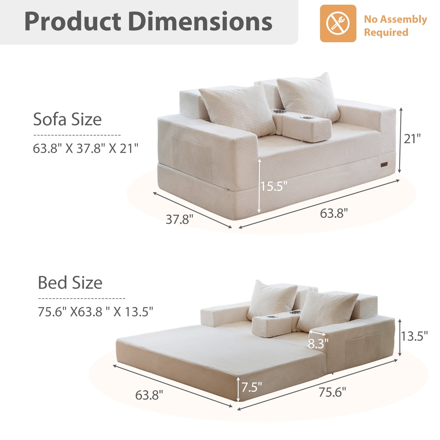 BYBYME Convertible Sofa Bed,Folding Lounger 4-in-1 Boneless Sofa with 2 Pillows and Cup Holder,Floor Sofa for Small Spaces Such as Living Rooms,No Assembly Required,Loveseat,Beige
