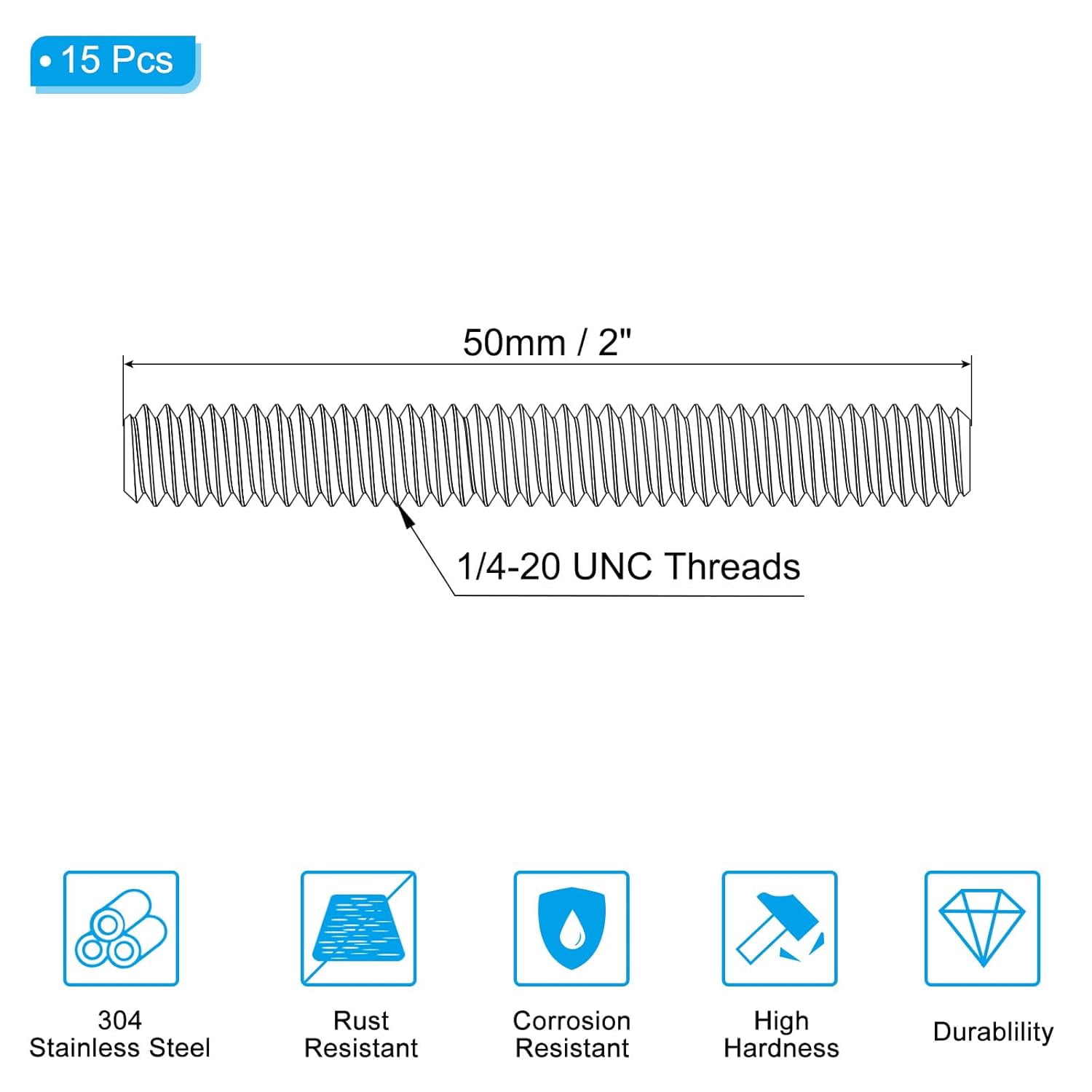 1/4"-20 UNC 304 Stainless Steel Fully Threaded Rod, 15Pcs 2" Length Long Threaded Screw Right Hand Threads All Threaded Rod Studs for Anchoring Bolt, Clamps, Hangers and U-Bolts