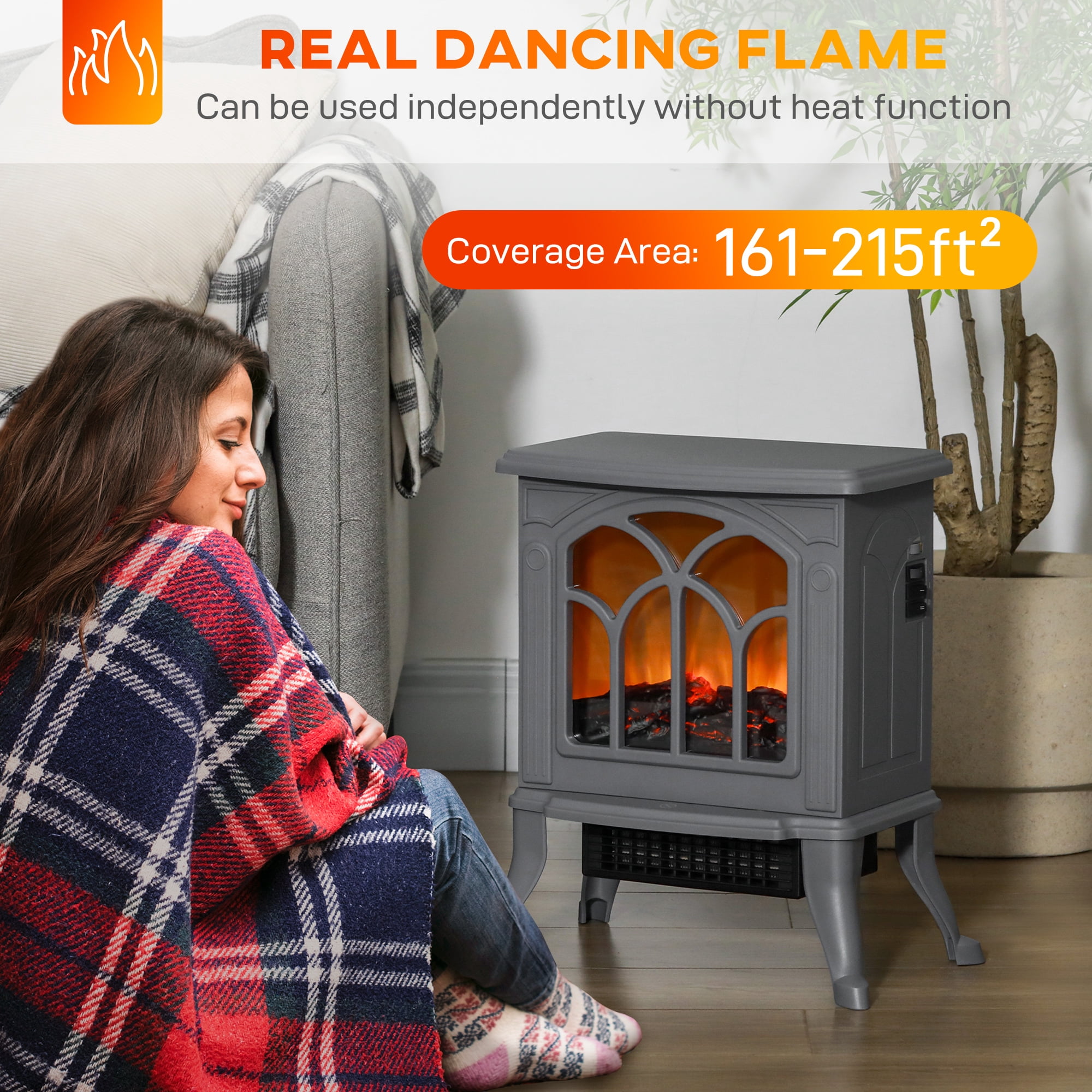 14.75" Freestanding Electric Fireplace, Gray 750W/1500W 161-215 sq.ft, Tempered Glass Overheat Protection Independent Flame Effect