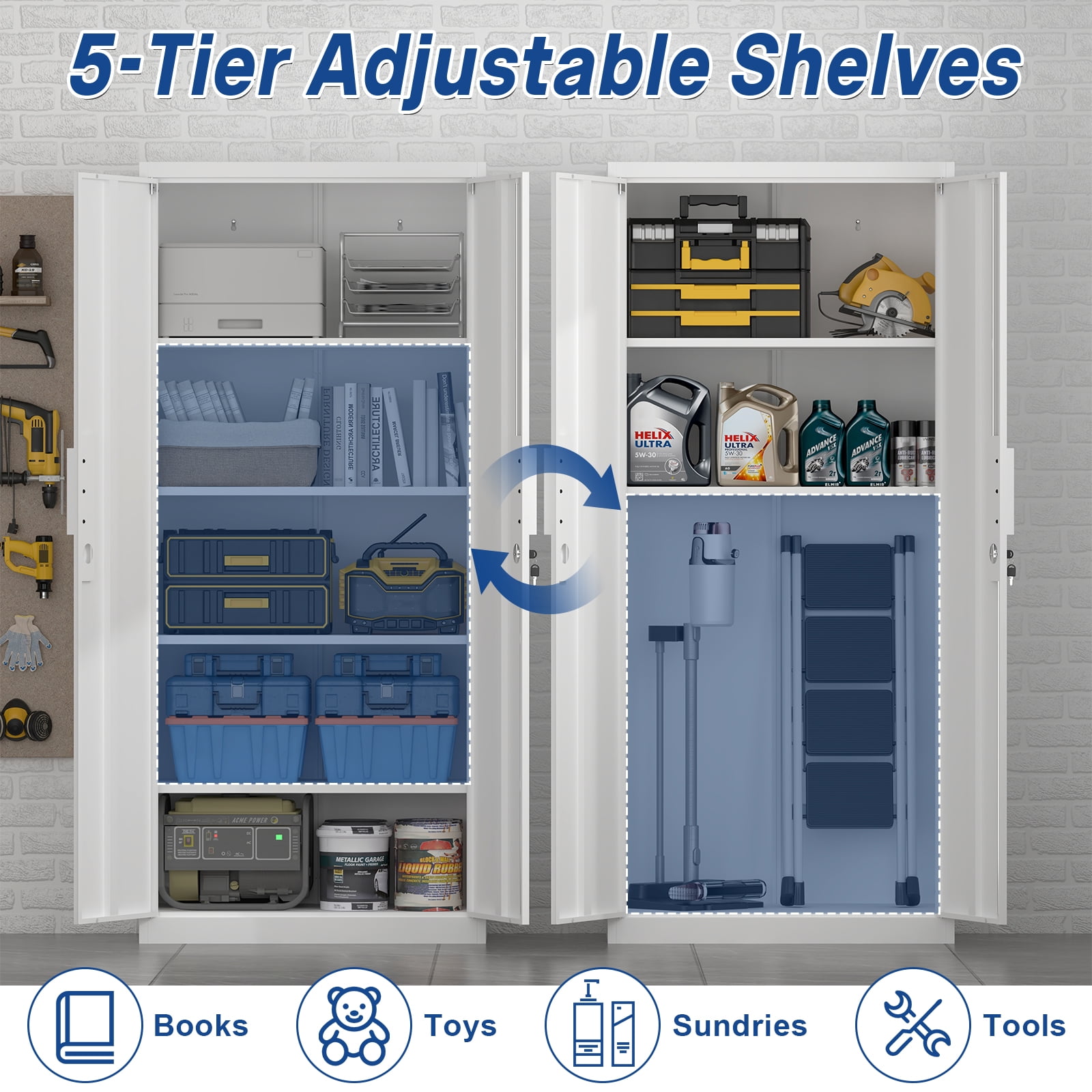 Marcree 71''H Metal Storage Cabinet for Garage, White Steel Cabinet with Doors and 4 Shelves,Tool Organizer for Garage Systems Storage Lockable File Storage for Home Office, Classroom
