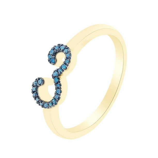 Jewel Zone US Round Cut Blue Natural Diamond Accent Stackable 3 Number Ring In 14k Yellow Gold