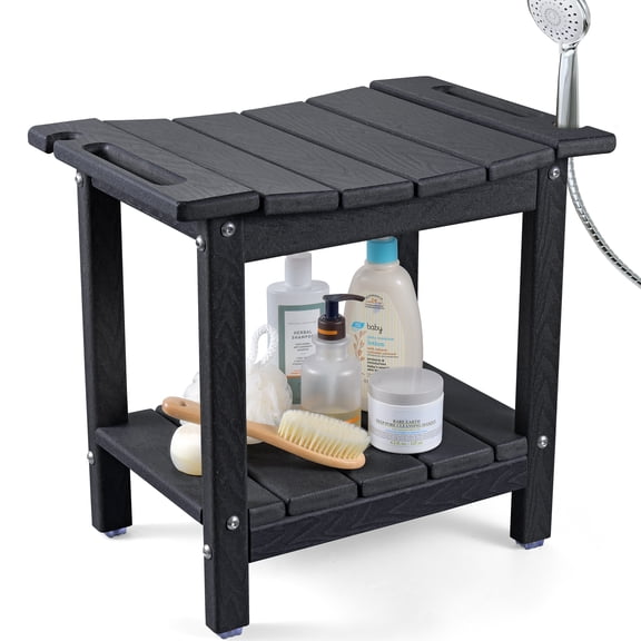 Mpow HDPE Waterproof Shower Bench with Storage Shelf, 18.7 in Shower Stool with Shower Head Holder, 350 lb Capacity for Bathroom, Indoor and Outdoor, Black