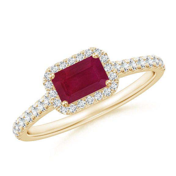ANGARA Natural East West Emerald-Cut Ruby Halo Ring in 14K Yellow Gold for Women (Size-6x4mm) | July Birthstone, Birthday, Anniversary, Jewelry Gift for Women | Natural Ruby Ring