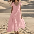 thumbnail image 2 of Ecqkame Womens Cotton Linen Dresses Summer Casual Loose V Neck Short Sleeve Holiday Dress Trendy Solid Color Lightweight Long Dress 01-Pink XL, 2 of 6
