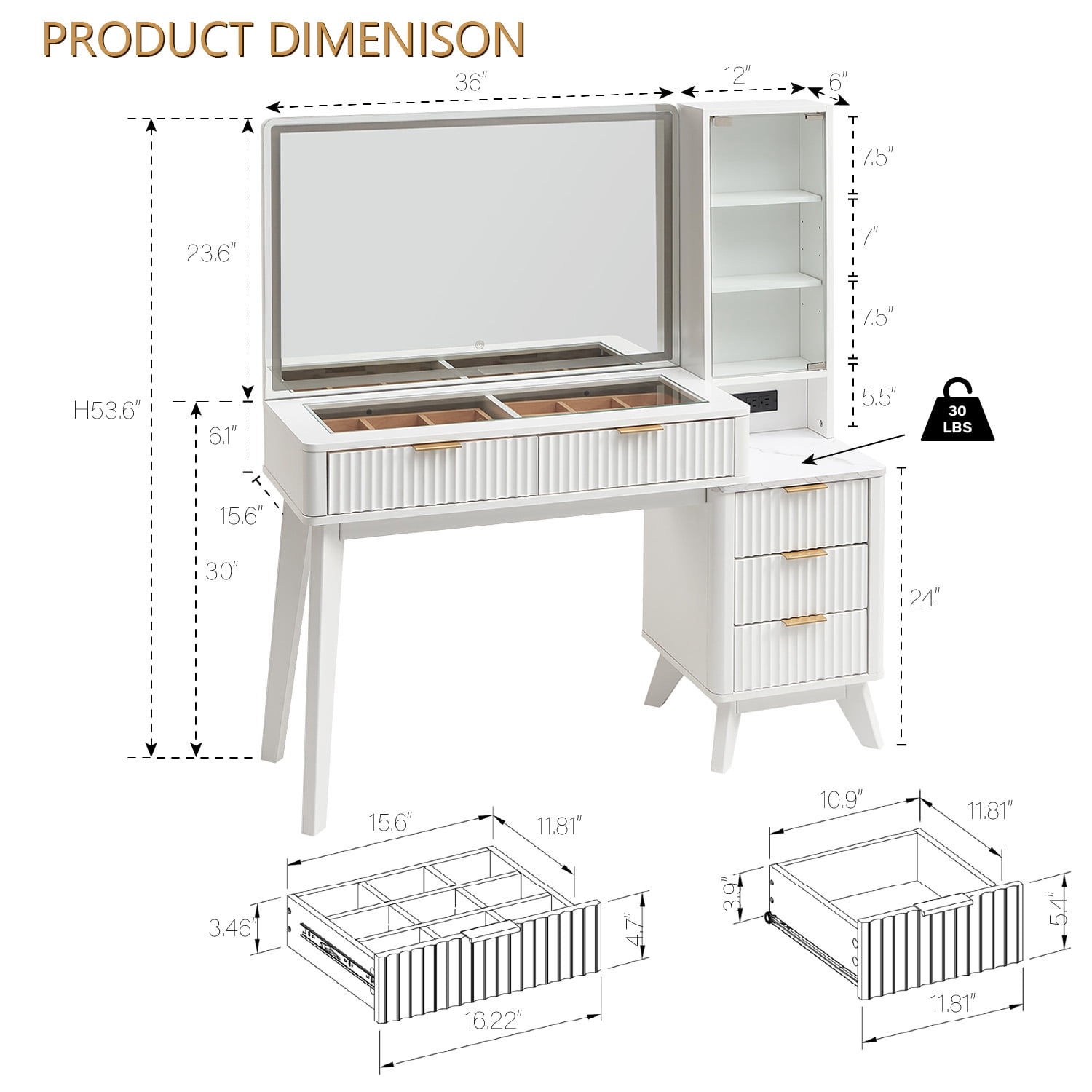 OKD 48" Fluted Vanity Desk with 36" Mirror and Lights, Modern Makeup Table with 5 Drawers, Charging Station, Adjustable Shelves - White
