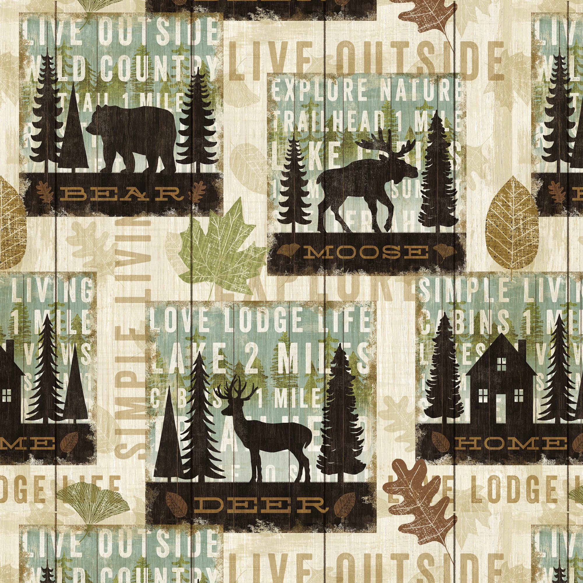Trees Rocks Wilderness Green Brown Cotton Fabric QT Deer Mountain By The Yard 