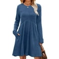 thumbnail image 2 of Long Sleeve Dress for Women Crew Neck Waist Tunic Dress with Pockets Blue XXL, 2 of 6