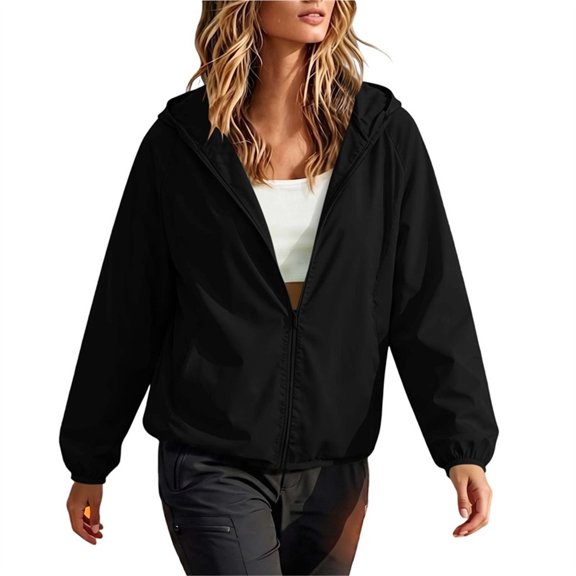 QIYAGBSA Water Resistant Windbreaker Jackets for Women Hooded Lightweight Full Zip Raglan Sleeve Elastic Cuff Side Pockets Solid Fall Outdoor Casual Wear