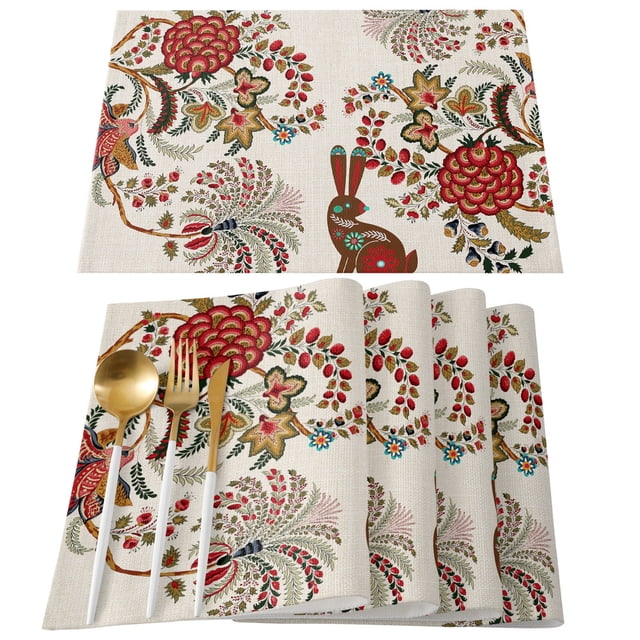 Binwennn Dining Table Set Dinning Table Set Easter Bunny Egg Pattern Linen Print Kitchen Dining Room Insulated Decorative Placemat(6)