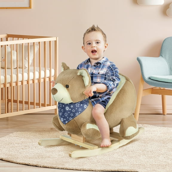 Qaba Kids Ride-On Rocking Horse Toy Bear Style Rocker with Fun Music & Soft Plush Fabric for Children 18-36 Months