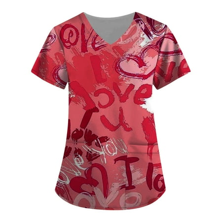 

XHJUN Scrub Tops Women Stretchy Scrubs for Women Cute Animal Love Heart Floral Print Scrubs Tops Red L