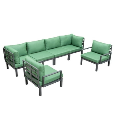 LeisureMod Hamilton Modern 6-Peice Modular Outdoor Sectional Aluminum Patio Conversation Set with Green Cushions