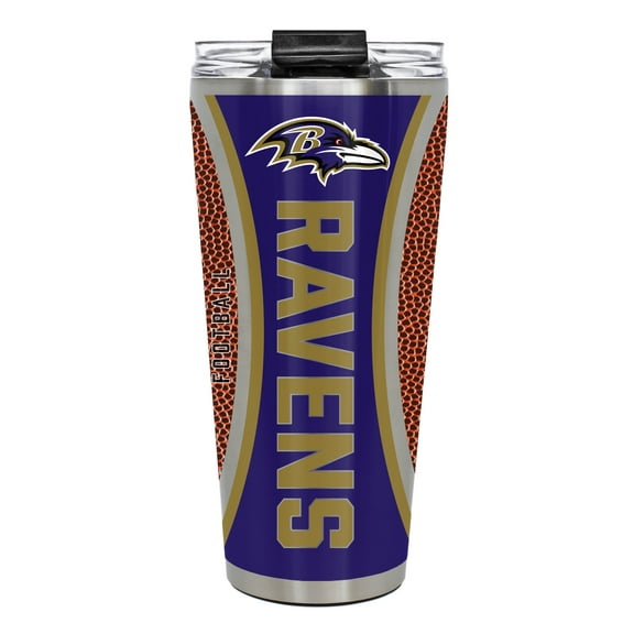 Baltimore Ravens 32 ounce vacuum insulated stainless steel tumbler with Gameball graphic