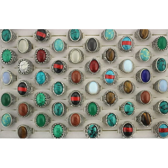 EOEMY Wholesale Lots 30Pcs Rings For Men Women Gifts Variety Oval Natural Stone Ring