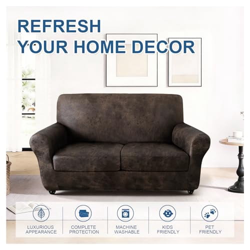 3-Piece Stretch Faux Leather Slipcover for 2-Cushion Loveseat, Heavy Duty Pet Proof Furniture Protector, Non-Slip Sofa Cover with Leather Look, Brown
