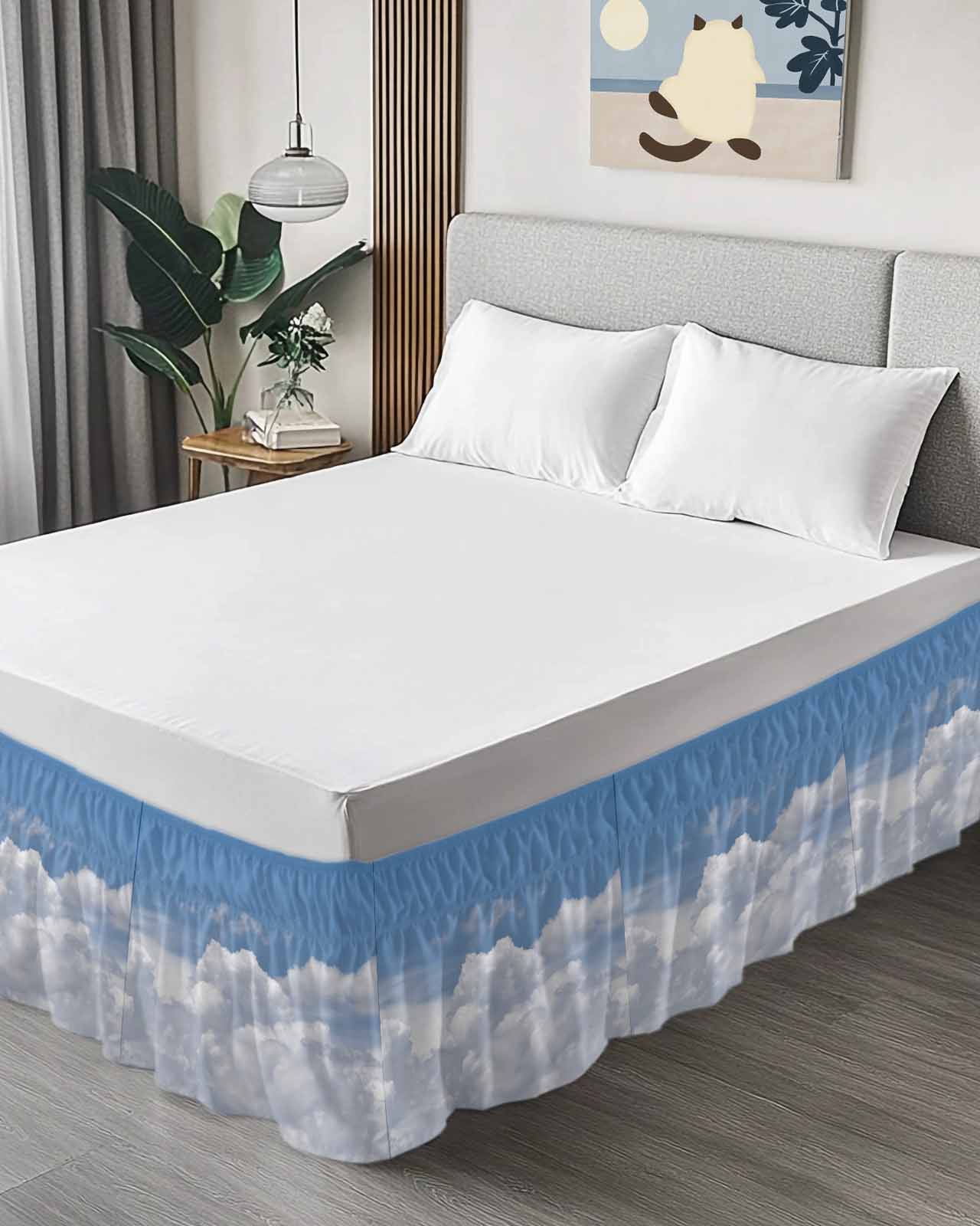 Sunny Clouds Bed Skirt White Gradient Sky Bed Skirts King Size 18 Inch Drop, Wrap Around Dust Ruffle&nbsp;Bedskirt with Adjustable Elastic Belt for Queen Size Beds