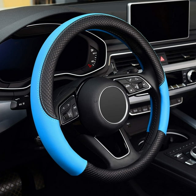 Microfiber Leather Steering Wheel Cover Car Anti-Slip Wheel Protector Sky blue 38cm
