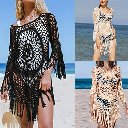 LEEYNEER Womens Bikini Swimsuits Sets Thong Bikini Sets Cover Up Crochet Hollow Out Tassel Lace Swimwear Bikini Sets for Women Beige