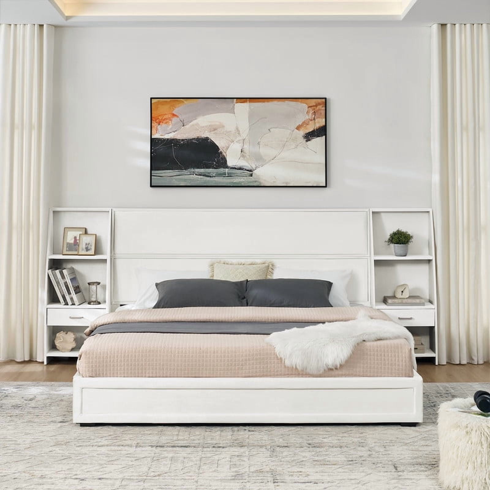 Queen/King Size Modern Upholstered Platform Bed Frame, Velvet Storage Bed with Headboard, Side Bookcases & Drawers Nightstand