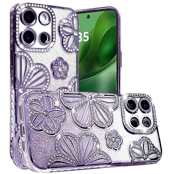 For Moto G Power 2025/26 Case Bling Floral 3D Glitter Cover Tempered Glass
