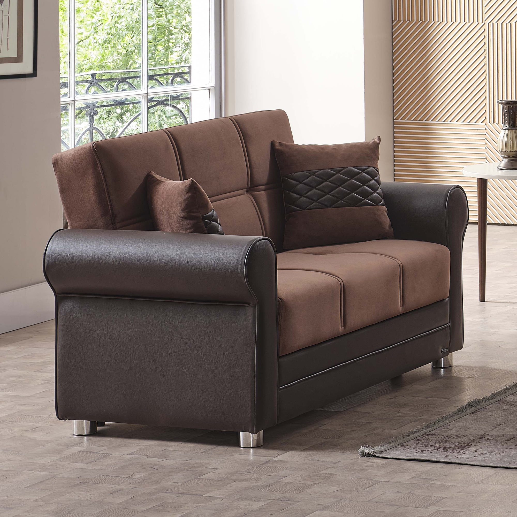 Ottomanson Convertible Sleeper Loveseat with Hidden Storage, Firm Seating, Brown