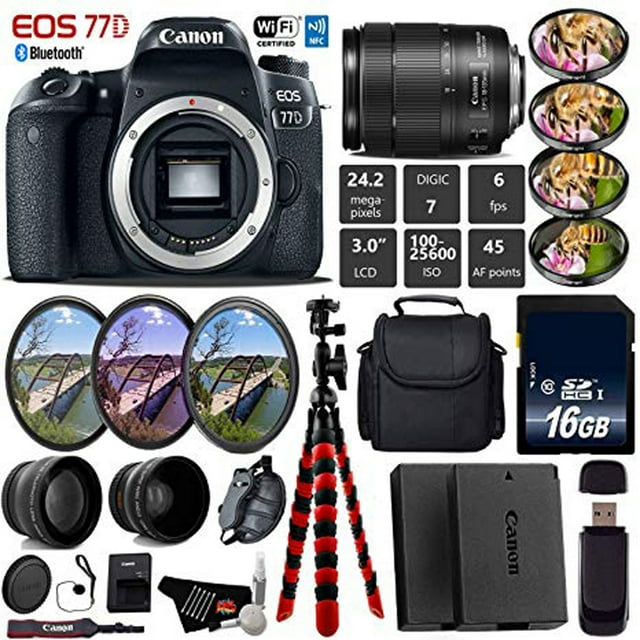 Canon EOS 77D DSLR Camera with 18-135mm is USM Lens + UV FLD CPL Filter Kit + 4 PC Macro Kit + Wide Angle & Telephoto Lens + Camera Case + Tripod + Card Reader - Intl Model