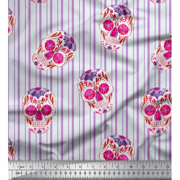 Soimoi Purple Cotton Voile Fabric Floral Skull & Stripe Printed Craft Fabric by the Yard 42 Inch Wide