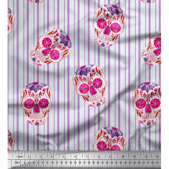 Soimoi Purple Rayon Fabric Floral Skull & Stripe Printed Fabric 1 Yard 56 Inch Wide