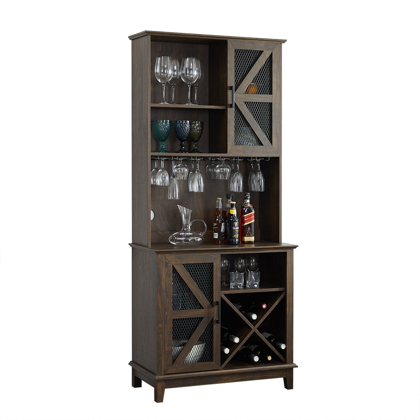 Storage Cabinets 3 Shelves and a 15 Wine Glass Rack with a Modern Dark Weathered Oak Finish TUHOME Montenegro Collection Bar Cabinet//Home Bar Comes with a 5 Bottle Wine Rack