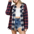 thumbnail image 2 of Juebong Womens Flannel Plaid Shacket Jacket 2025 Fall Button Down Tartan Trench Coat with Pocket Long Sleeve Color Block Fashion Shirts Red,L, 2 of 4