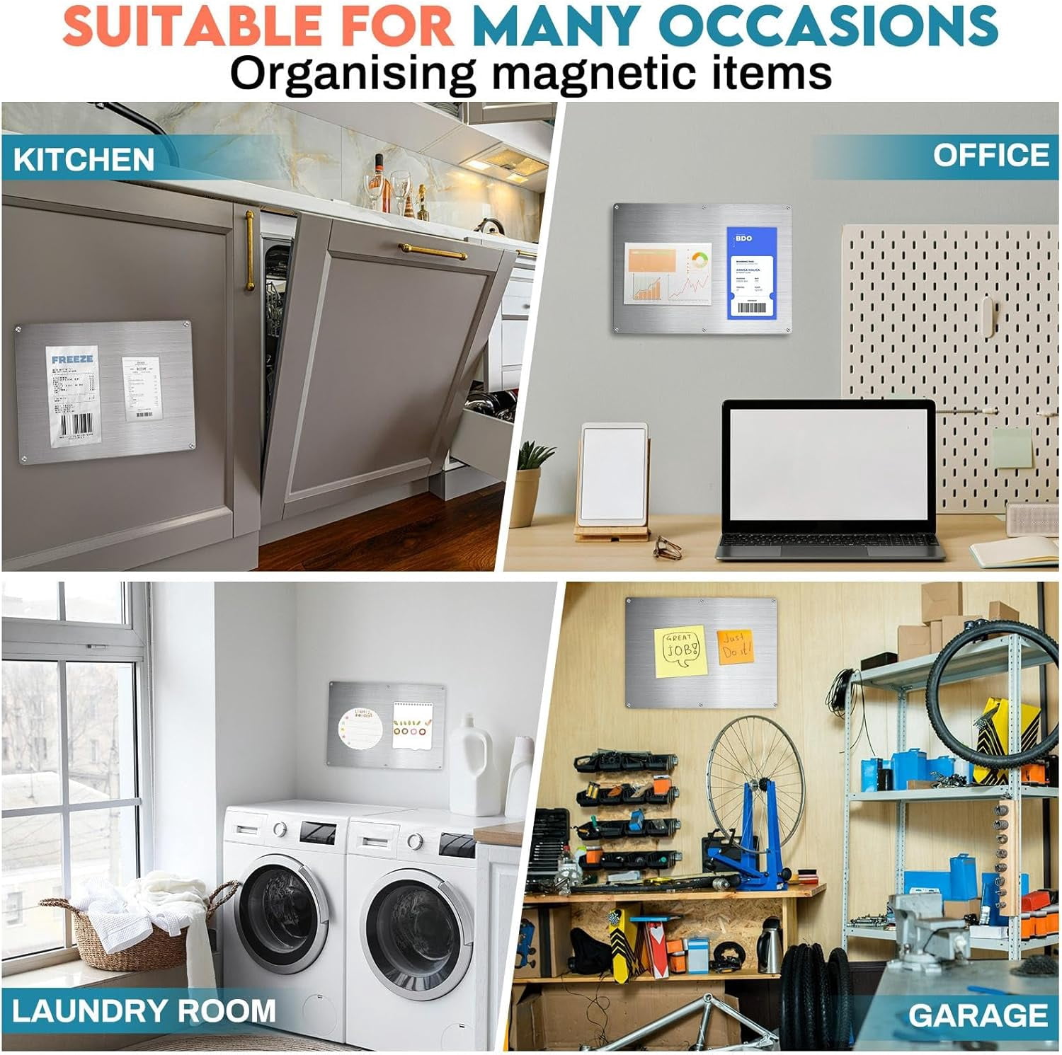 2 Pack Magnetic Board for Wall for Magnets 17.5" x 11.5" and 9.5"x 6.5" Stainless Iron Plate with Back Adhesive Mounting Screws for Bulletin Board Magnets Spice Jar Wall Fridge Display
