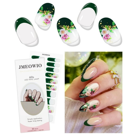 JMEOWIO Gel Nail Stickers Green French Tip Flower Semi Cured Gel Nail Strips Wraps UV/LED Nails Art Design Decoration Accessories