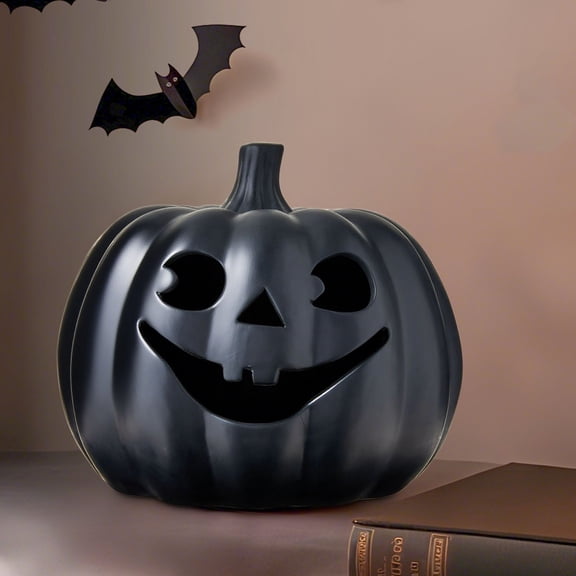 Black Pumpkin Halloween Decoration, Matte Spooky Pumpkin Tabletop Ornament with Hollow Carved Design, Decorative Pumpkin for Shelf, Mantel, Porch, Indoor Outdoor Halloween Home Decor