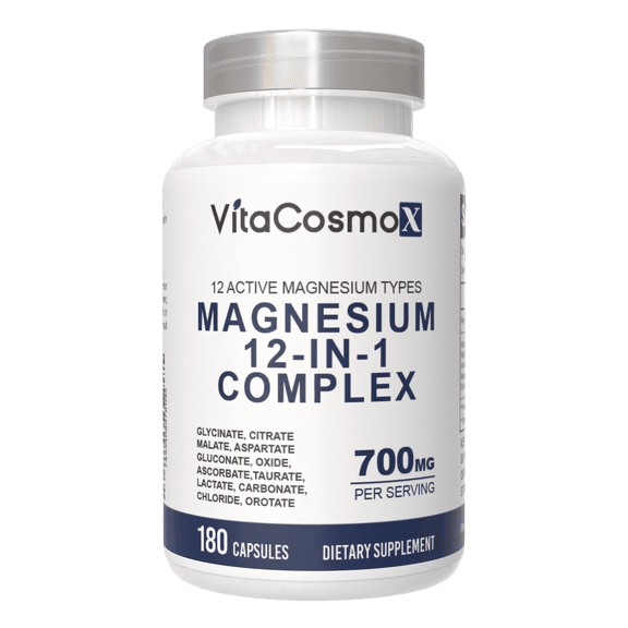 Magnesium Complex 700mg – 12-in-1 Magnesium Supplement with Glycinate, Citrate, Malate, Oxide, Taurate & More – High Absorption, 180 Capsules, 90 Servings, Non-GMO