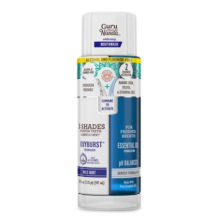 GuruNanda Teeth Whitening Dual Barrel Mouthwash- Alcohol Free & Fluoride Free, Wild Mint, 20 fl oz