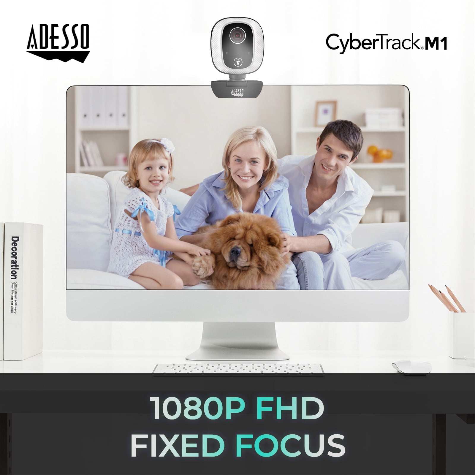 Adesso Motion Tracking 1080P HD H.264 Fixed Focus USB Webcam, Built-in Microphone, and Tripod Mount CyberTrack M1