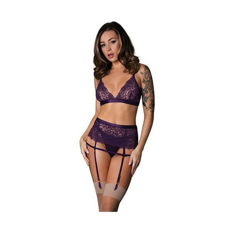 Exposed Leather & Lace Bralette Garter Skirt & Thong Panty 3 Piece Set  Large/X-Large (Women s)