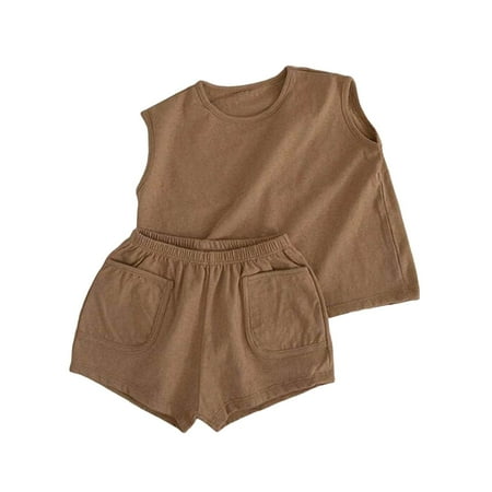 

Odeerbi Infant Girls Sweatsuits Spring Fall Outfits Set Children Cute Tracksuit Casual Solid Color Round Neck Tank Tops Shorts Set Brown