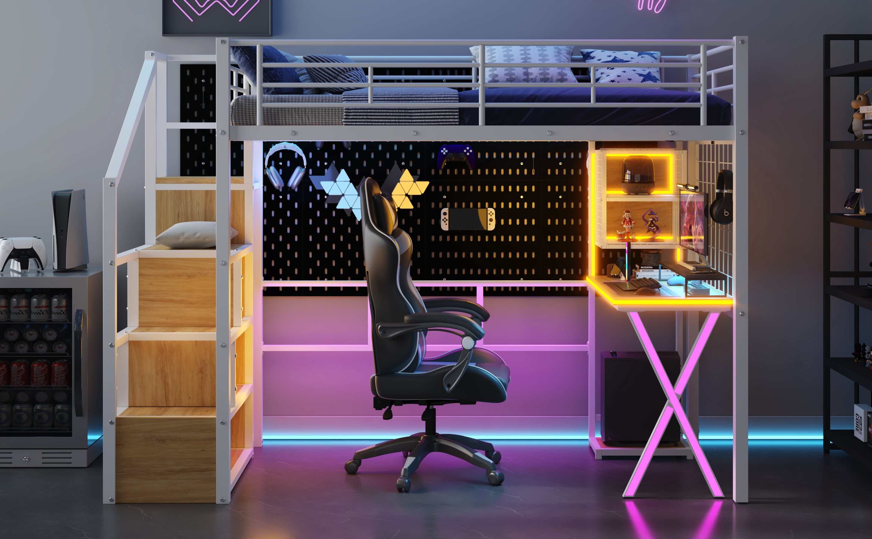 MAYEERTY Twin Size Metal Loft Bed - Built-in Work Station, Wardrobe, Storage Staircase & LED, White
