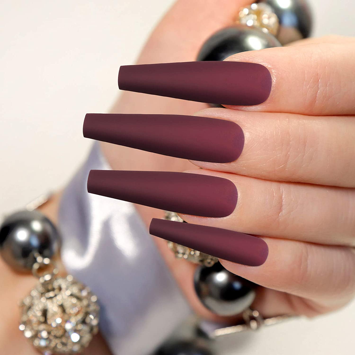 Maroon nails with Matte finish, and gold diamonds. | Maroon nails, Matte  maroon nails, Red acrylic nails