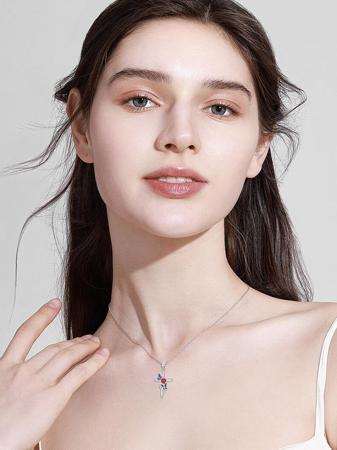 Dragonfly Cross Necklace 925 Sterling Silver Dragonfly Cross Pendant Necklace with January Garnet Heart Birthstone Birthday Jewelry Gift for Women