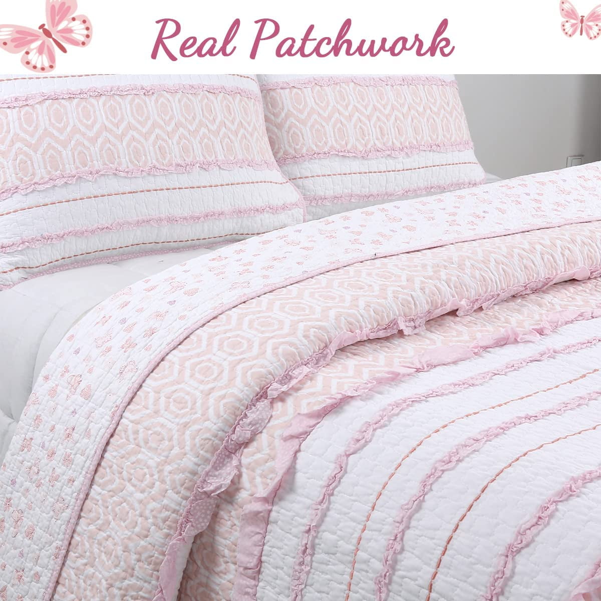 Cozy Line Home Fashions Pink Princess Ruffle Stripe 100% Cotton Girls Reversible Bedding Quilt Set (Pink Princess, Twin - 2 Piece)