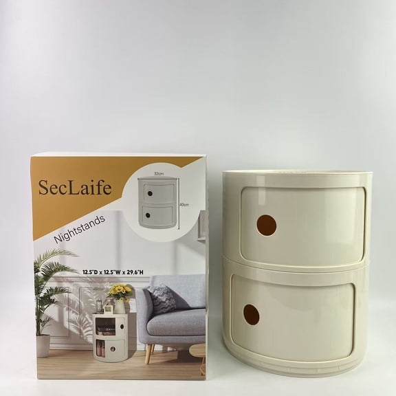 SecLaife Nightstands,Small Bathroom Cabinet, Small Bedside Table with Storage, Round Bedside Table, Table Storage Side Cabinet (White,2 tier)